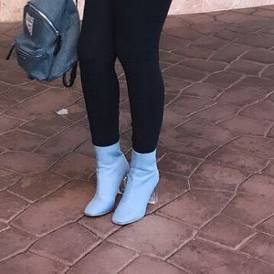 Denim clear heel bootie